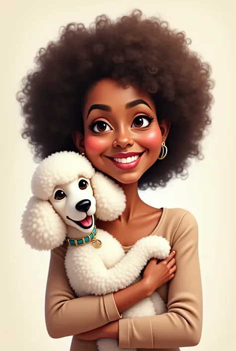  Caricature of a dark brown lady, middle-aged,  curly hair ,  Embraced with a white poodle .