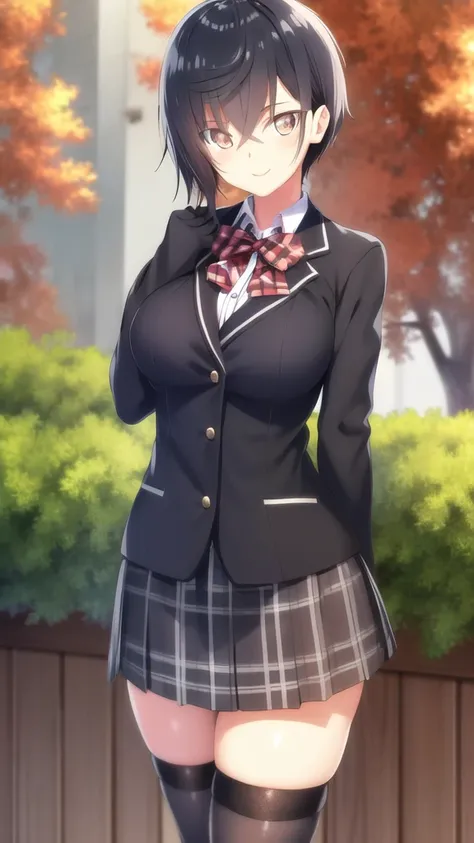 masterpiece, best quality, girl, solo, looking at viewer, rio_seirei_gensouki, black hair, brown eyes, large breasts, red bow, blazer, Brown jacket, long sleeves, plaid skirt, Grey skirt, black thighhighs, outdoors, cowboy shot, standing, looking at viewer