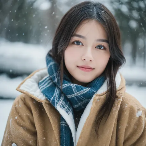 A hyper-realistic image of a single Japanese woman in her early 20s, captured with the nostalgic warmth and subtle graininess of a film camera, set in a serene winter scene. Her skin has a warm beige tone with a natural, slightly rough texture that include...