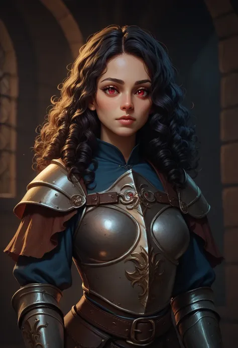 girl curly wavy dark hair with dark medieval armor dark fantasy and red eyes