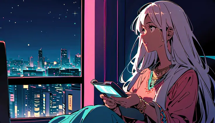 Indian woman with long hair looking at the night view, cityscape, Indian woman with long hair listening to music on the radio