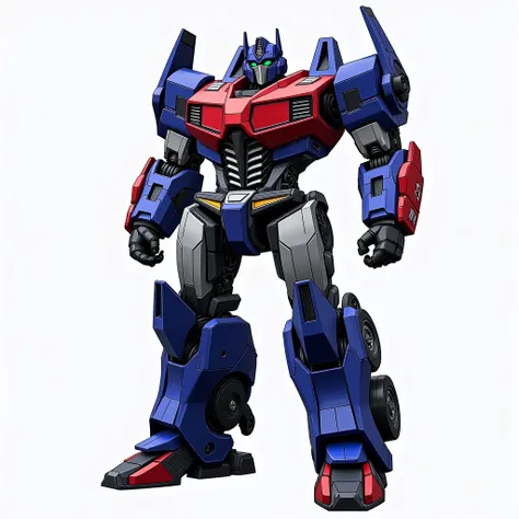 an Transformer inspired by Gipsy Avenger from Pacific Rim and Optimus Prime from Transformers: Age of Extinction. The character should have a tall, imposing build with a sleek, modern armor design. Use a color scheme of lapis blue, red, black, and grey sil...