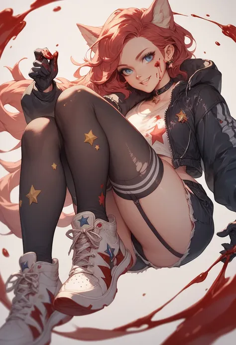 woman, red hair, blue eyes,  with ears and wolf stockings , black clothes, wearing gloves, half long,  all Star sneakers ,  with blood on clothes and face