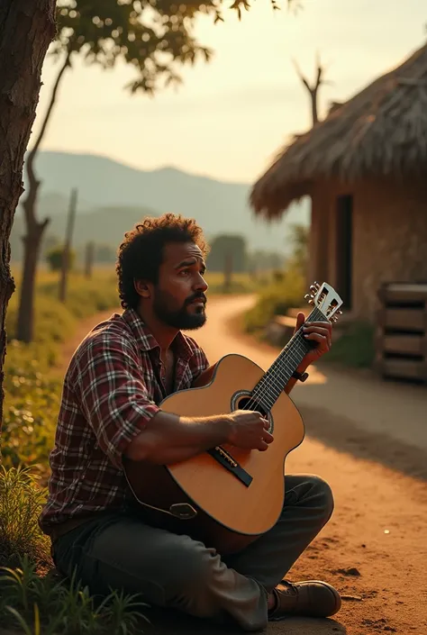  A scene showing a , typical Brazilian countryside from the 1970s. The man is dressed in traditional rural attire, wearing a plaid shirt, a wooden crate in front of a rustic house with a thatched roof, (traditional Brazilian . The background shows a dirt r...