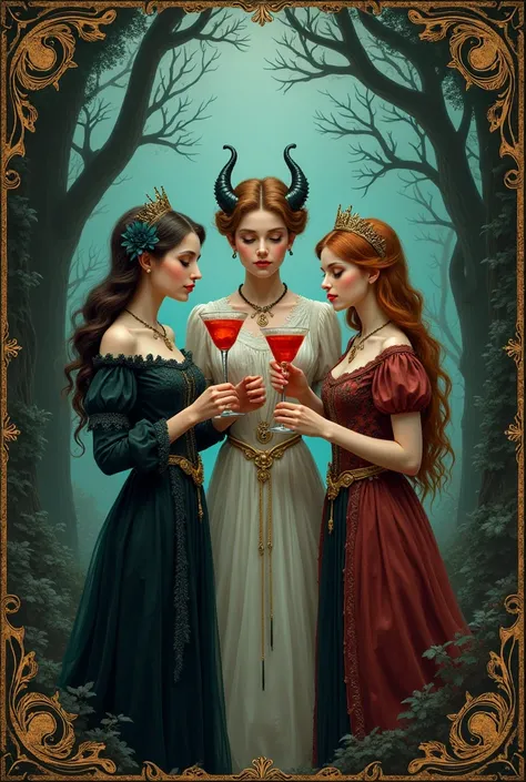 Vintage fairytale cover with fairytale characters holding gothic style drinks and cocktails