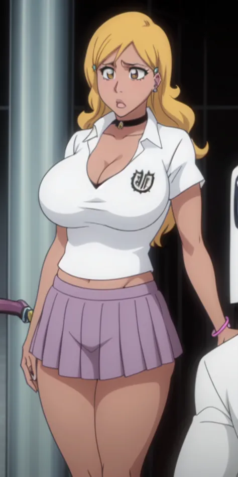 orihime inoue,bleach artstyle,big breast,enchanted big breast,thick lips,circle piercing in lips,((((white shirt school uniform)...