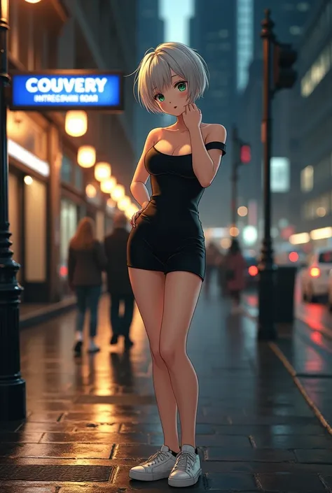 Top quality, masterpiece, high resolution. A beautiful (((anime girl))) adult English woman, actress with silver pixie cut hair. Her face, considered the most beautiful, with radiant skin and large, drooping eyes, a deep, intense jade green color, enhanced...