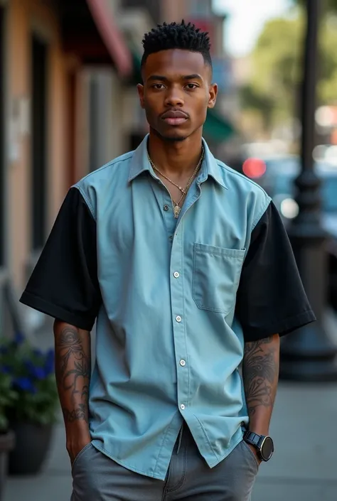  A 24-year-old guy , What is a barber ,  has the haircut of the 2000s very short and with lines all over his head. His shirt is light blue ,  has classic basketball tennis and loose gray pants , You have to have black skin ,  with tattoos and it must have ...