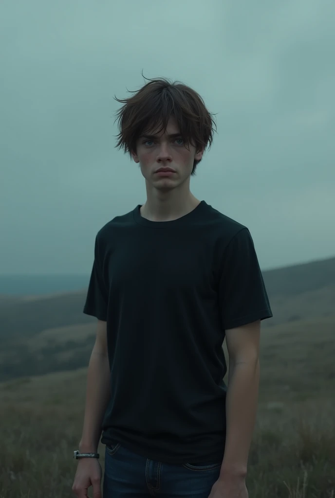 A 17-year-old male adolescent with depression,  slightly long brown hair , with dark circles, blue eyes, wearing a black shirt and black jeans , slightly realistic 3D style.  looking at the horizon 