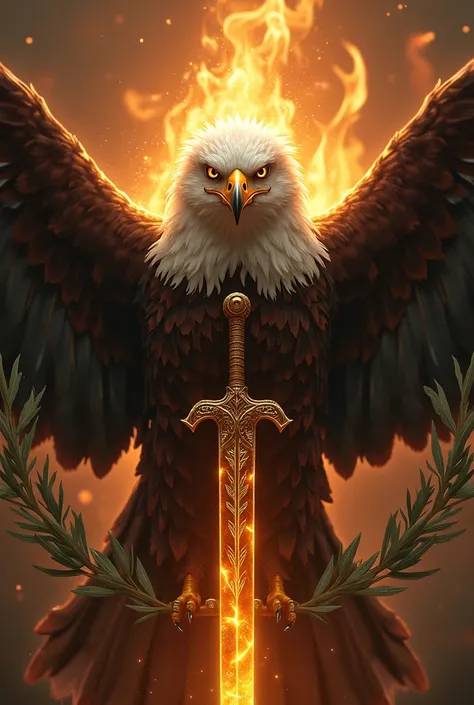 I want a full picture of an eagle looking into to camera holding a golden sword horizontal at its feet with fire on its head. With olive branch to the left and another to the right.