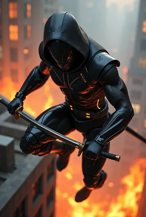 All metallic black superhero suit. Very muscular cyber ninja hanging with one hand off a roof ledge on a burning building. Samurai sword. Wearing a hood