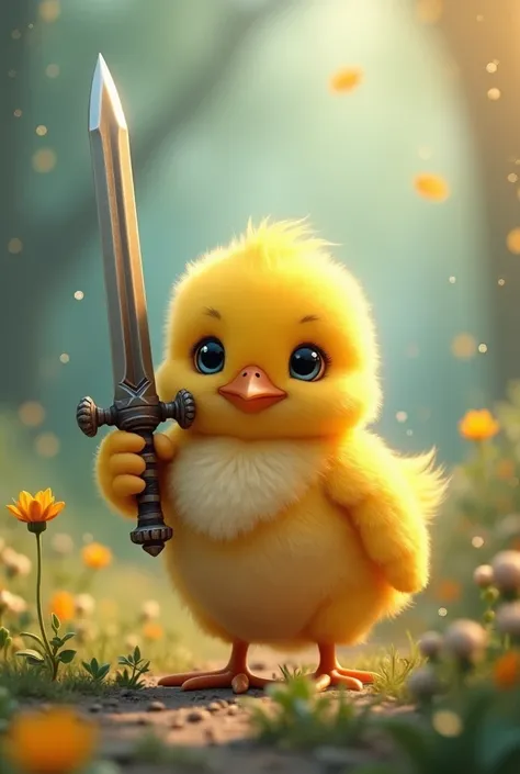 Draw a cute chick holding a sword