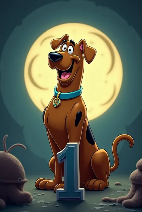 Scooby Doo inside a circular background and with 1 in front
