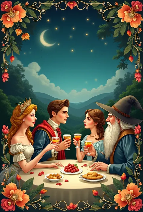 Vintage fairytale cover with fairytale characters holding vintage-style drinks and cocktails