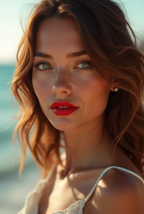 “Masterpiece, photorealistic, highest quality, (solo focus), a young, attractive, slim Spanish woman with olive-toned skin and shoulder-length auburn hair styled into loose waves. Her bold red lips and subtle bronzed eyeshadow create a captivating look. Th...