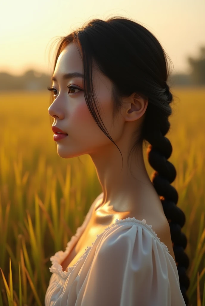 “Masterpiece, photorealistic, highest quality, (solo focus), a young, attractive, slim Cambodian woman with her sleek black hair braided into a single elegant plait. The camera captures her from the side, highlighting her luminous complexion, winged eyelin...