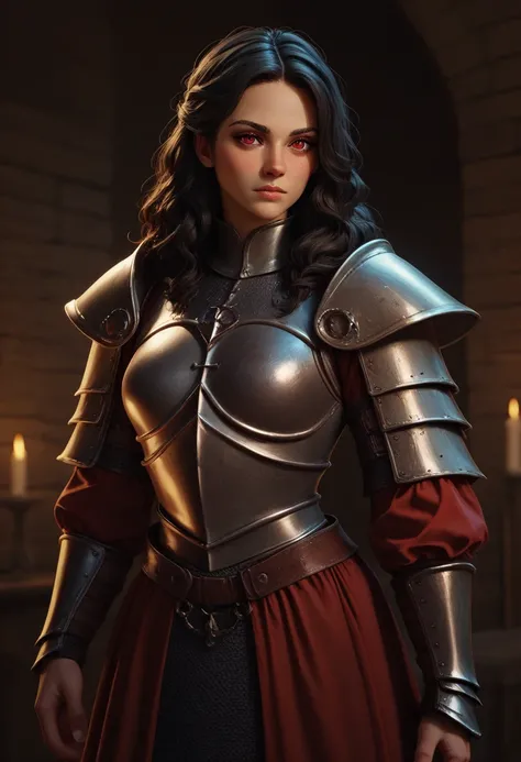 girl wavy dark hair with dark red medieval armor dark fantasy and dark red eyes