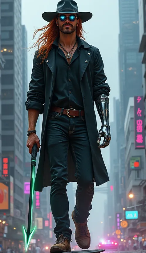  Draw in cyberpunk style a man who has a realistic He has a smiling face and is brown and tall and has long reddish hair, moustache,  blue eyes and a scar on his eye . He wears a big black hat ,  wears a very stylish black button-down shirt  ( with sleeves...