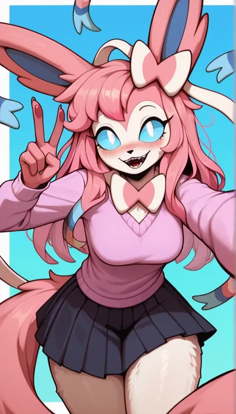 Happy expression, slightly crazy expression, 1girl, anthro, furry, fur, fluffy fur, fluffy big pink tail, sylveon girl, pink hair, long hair, messy hair, cyan hair highlights, (19 years), white eyes, cyan sclera, medium breast, thicc thighs, lots of hearts...