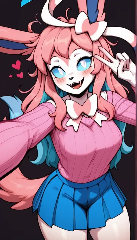 Happy expression, slightly crazy expression, 1girl, anthro, furry, fur, fluffy fur, fluffy big pink tail, sylveon girl, pink hair, long hair, messy hair, cyan hair highlights, (19 years), white eyes, cyan sclera, medium breast, thicc thighs, lots of hearts...