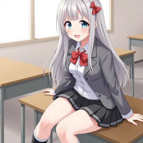 (score_9, score_8_up, score_7_up), 1girl, solo, alisa mikhailovna kujou, long hair, blush, bangs, panties, blue eyes, hair ribbon, ahoge, grey hair, red ribbon, skirt, shirt, long sleeves, bow, school uniform, jacket, white shirt, pleated skirt, collared s...