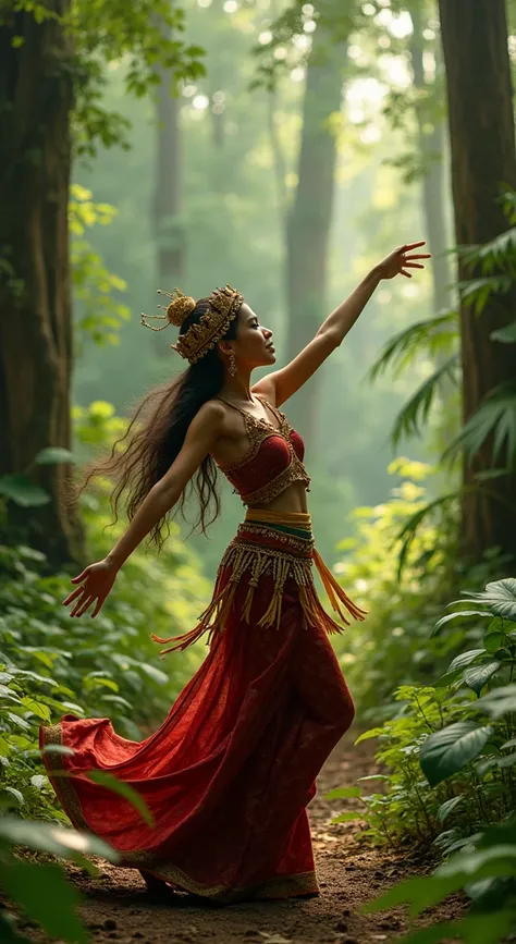 ake a photo of an Indonesian woman, looking as real as in the photo, dancing in the middle of Indonesias tropical forest