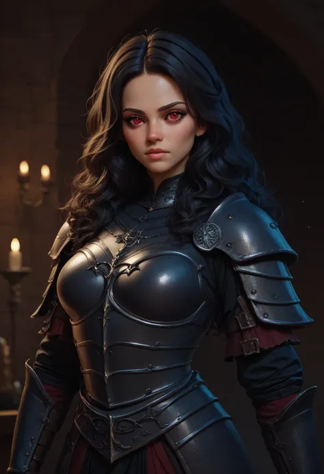 girl wavy dark hair with black medieval armor dark fantasy and dark red eyes