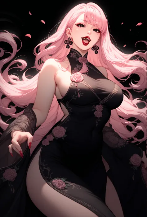 mixed_artwork style, (detailed eyes), (Mature woman), beautiful woman, medium breasts, (pink long hair), Side bangs, (black white oriental dress), black eyes, red lipstick, mole under eye, huge body, (open mouth), pretty nails, cute fangs, full view