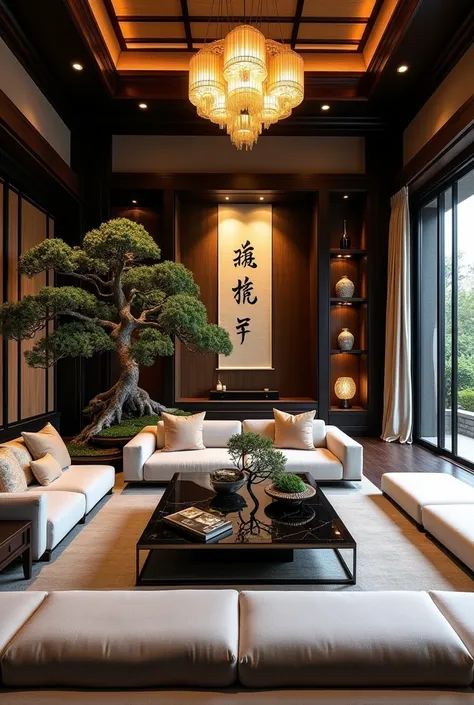 An opulent Japanese-inspired living room with luxurious details. The space features dark hardwood flooring, a modern low sofa with plush cushions, and a lacquered coffee table with gold accents. Shoji screens are replaced with sliding glass doors framed in...