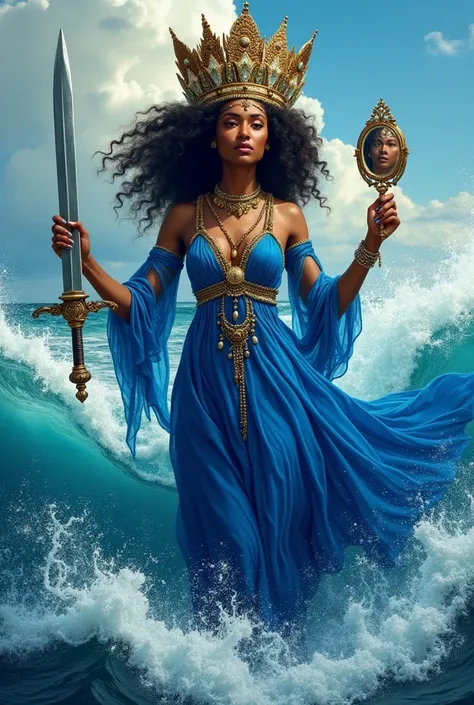 An Orisha African faith deity of Yoruba religiosity, with blue dress, coming out of the sea, hectic,  with big waves behind ,  with a large crown on her head , serena way,  a mirror in her right hand and a sword pointing upwards in her right hand
