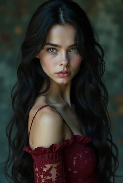  young woman, light skin,  greyish blue eyes , long wavy black hair , tight burgundy red dress, high contrast, oval face shape. (mermaid style )