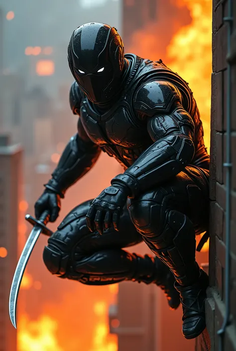 All metallic black superhero suit. Very muscular cyber ninja holding on with one hand from the edge of a burning building. Swinging. Samurai sword. Wearing a hood. Looking into the camera. Suit is made of all metal and face is all covered with glowing eyes...