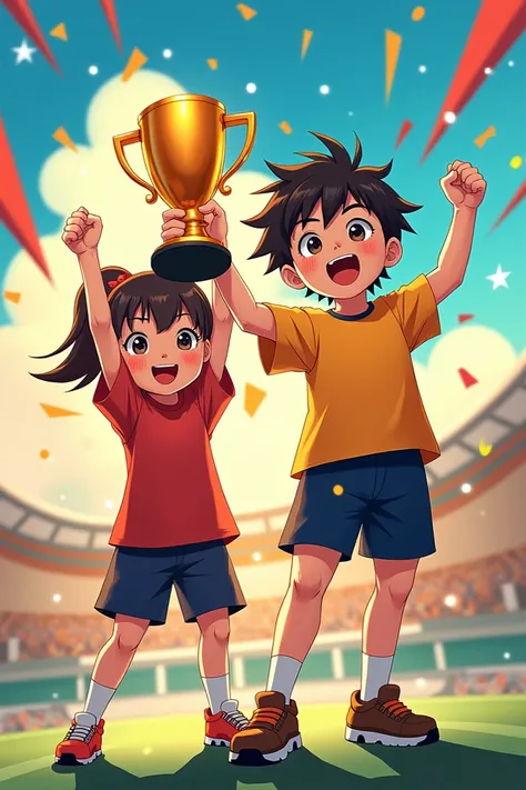 A sporty boy and a girl with short, loose hair clutching a trophy and looking like anime