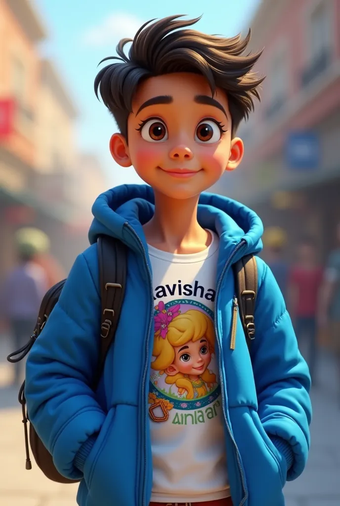 There is a boy wearing a BLUE jacket and his T-shirt has the name KAVISHAN and he have a phone

