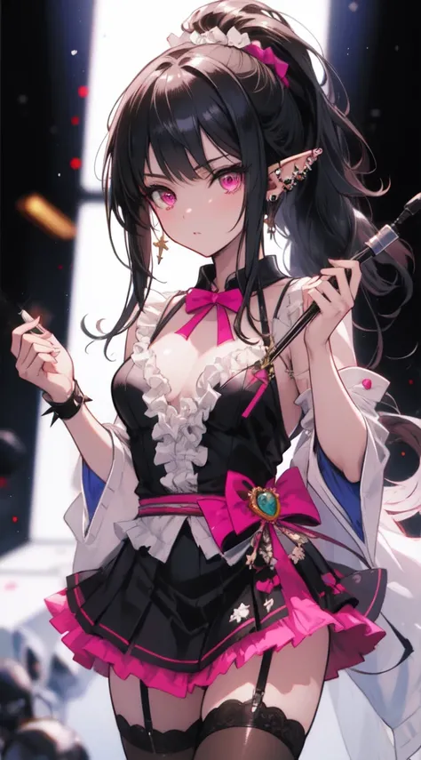  1 elf girl holding a magic wand , corsage, Mine system, (Mine system fashion:1.1),  detailed face , Pink Eyes, frills,  skirt, Various accessories, (Ear Piercing), Punk Style,  Japanese Subculture, fashion,  stockings,  colorful , (  dark circles  :1.2), ...