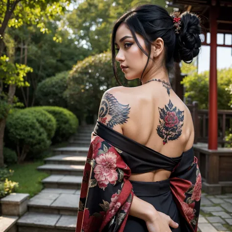 masterpiece, top quality, best quality, official art, beautiful and aesthetic:1.2),1girl, tattoo, solo, japanese clothes, red and black kimono, hair ornament, unsheathing, black hair, sheath, back tattoo, dragon tattoo, blue eyes, off shoulder, bare should...