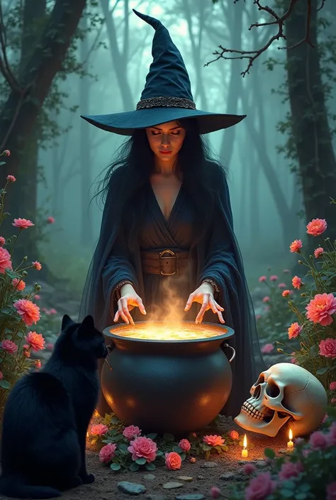 Black cat witch , witch and cauldron,  flowers and skull 