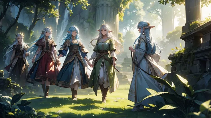 A group of elegant elves gracefully moving across vibrant green hills under a twilight sky. The hills stretch endlessly, adorned with glowing plants and ancient stone ruins. Each elf wears intricately detailed fantasy clothing, their hair flowing as they m...