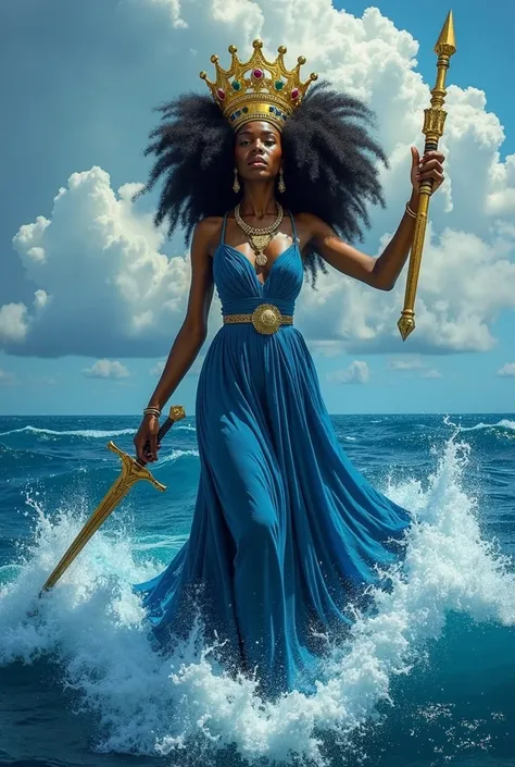 An Orisha African faith deity of Yoruba religiosity, with blue dress, coming out of the sea, hectic,  with big waves behind ,  with a large crown on her head , serena way,  a mirror in her right hand and a sword pointing upwards in her right hand
