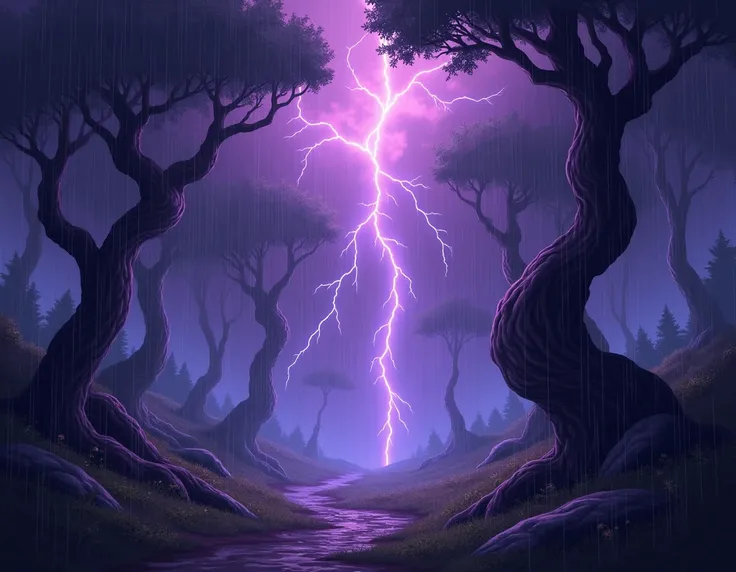 Do a purple forest , in which,  there is an eternal rain of thunder, Without people in them in anime 
