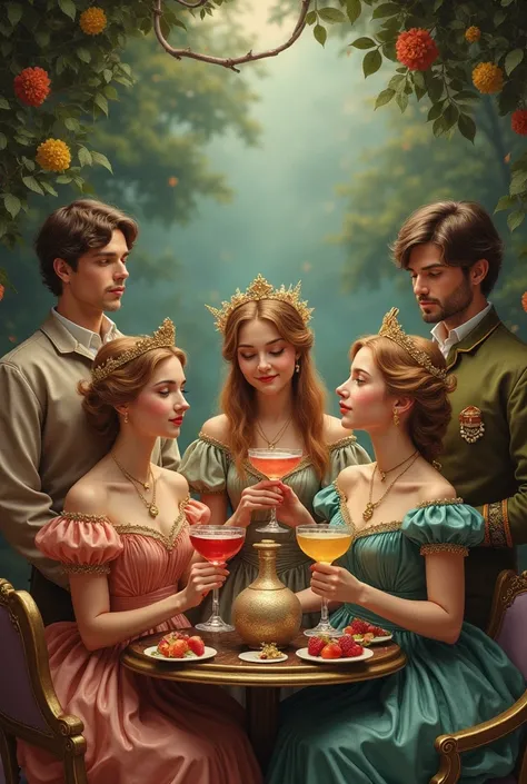 Vintage mode , Adult fairytale cover where adult fairytale characters are having vintage-style drinks and cocktails