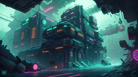 a cyberpunk-inspired industrial landscape with futuristic elements, featuring neon lights, metallic structures, and glowing sign...