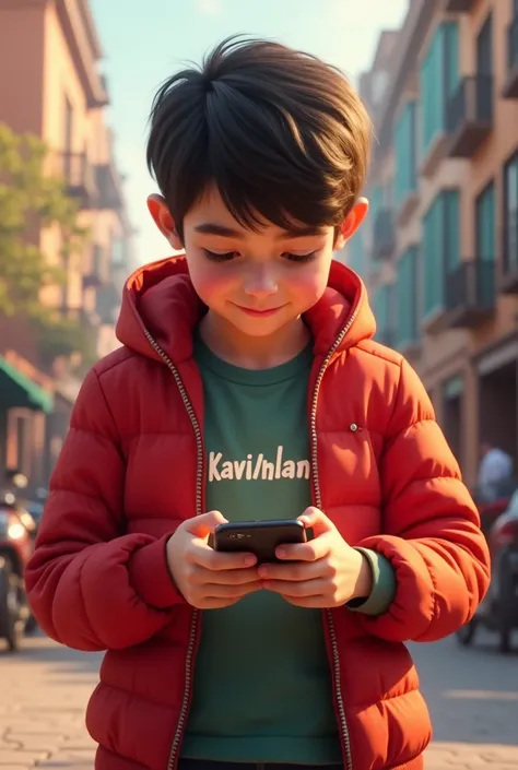 There is a boy wearing a red jacket and his T-shirt has the name KAVISHAN and he have a phone

