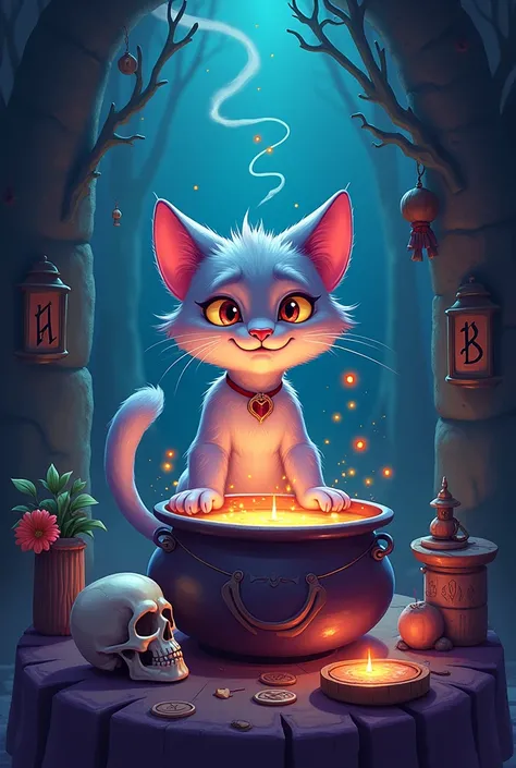 cat,  cartoon , skull, cauldron, magic