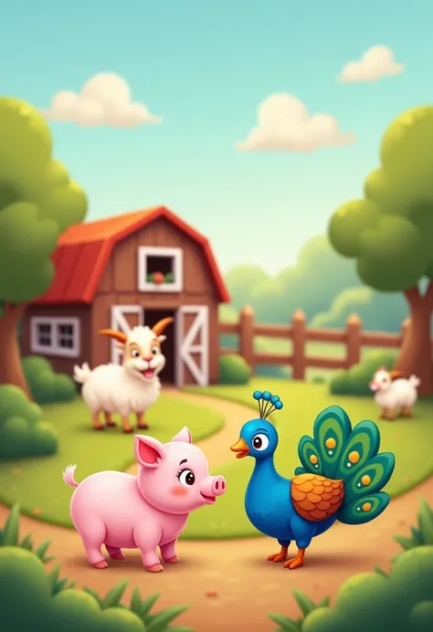 Create an image of a cute farm with a baby pig ,  a baby goat and a peacock with an animation for ren