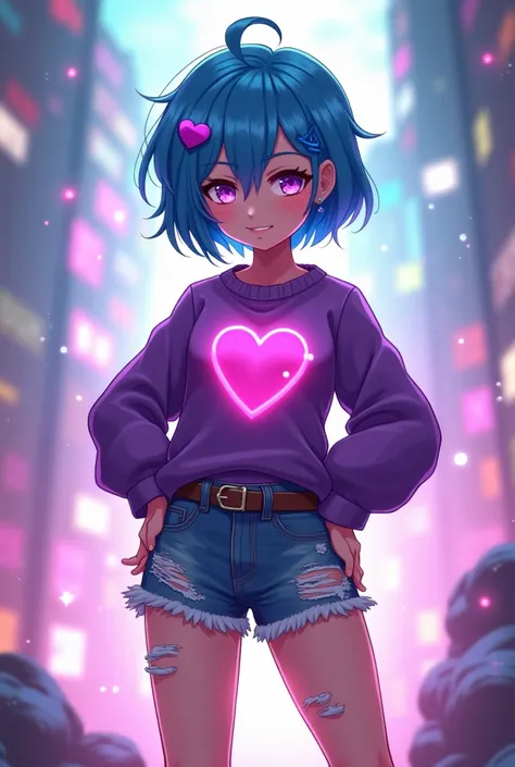 Azucarilla, a vibrant anime-style character with short blue hair, a heart-shaped hair clip, wearing a torn purple sweater with a glowing heart design and ripped denim shorts. She stands in a dynamic pose with her legs apart, slightly leaning forward as if ...