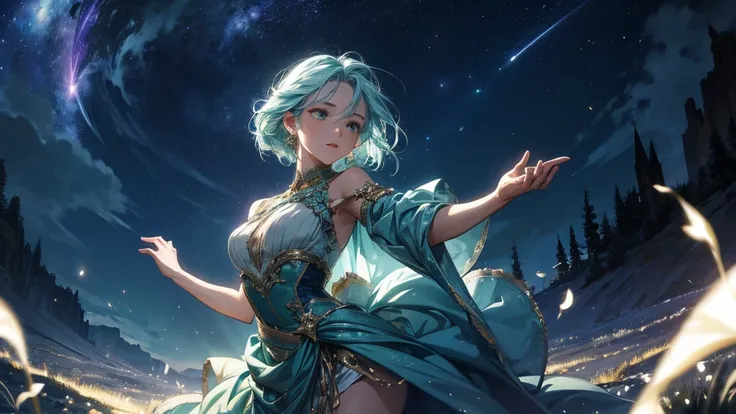 A beautiful woman dancing on a moonlit green hill under a starry sky filled with glowing constellations and soft auroras. Her flowing dress shimmers with faint magical light, and her movements create swirling energy waves in the air. The hills stretch endl...