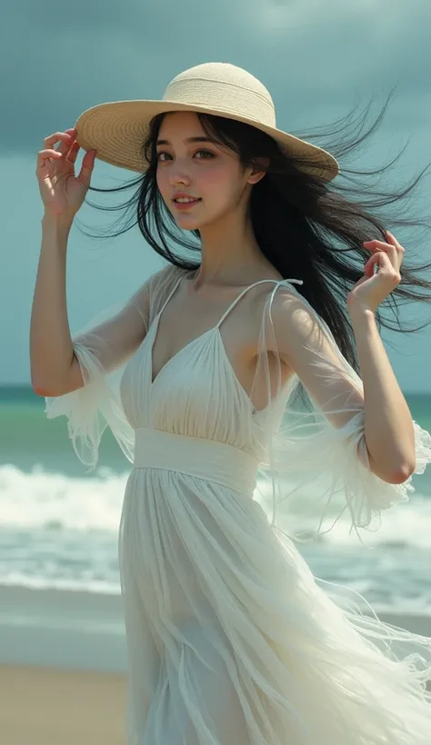   cute and beautiful Japanese womans design 、  Extremely Realistic、 perfect composition、Realistic、 beautiful womans hair fluttering furiously due to the storm、 white dress with white hat 、 holding back hat that seems to fly in the wind with her hands 、Spee...