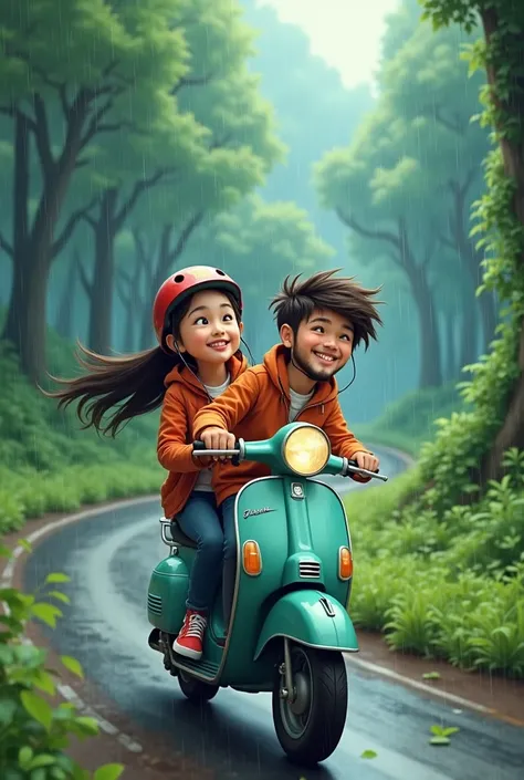 Can u find me a pic of a brother and sister on a scooty ( while its raining) with helmets and jackets and earphones in their ears and laughing and the are is like a forest area road in anime style the gurl has long hair and she isnt having a helmet and the...