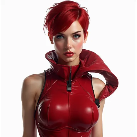 8k, realistic, attractive, highly detailed, everything in focus, a 21 year old girl, sexy and attractive wearing red combat suit. She dresses with sensuality and confidence, strength and charisma. She has short red hair and bright blue eyes. Body curves. B...